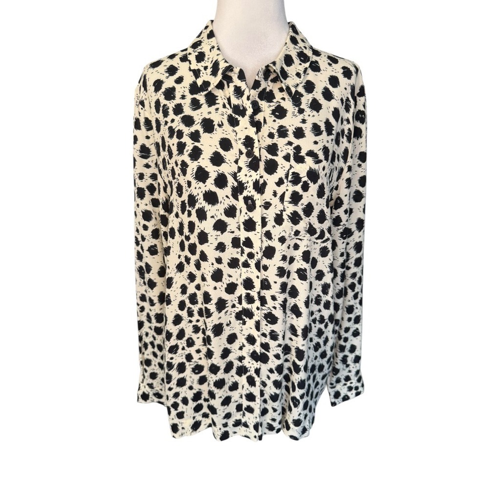 Whistles Brushed Dalmatian Print Shirt Button Down Blouse Black Cream US 8